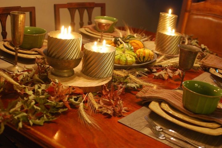 thanksgiving table with wood and pewter
