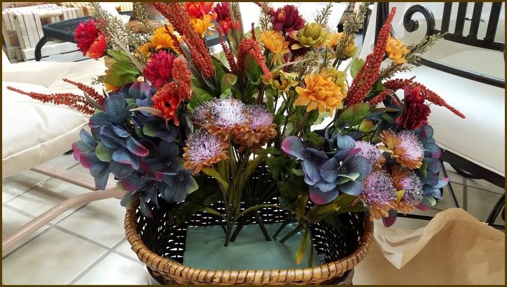 adirondack floral basket arrangement tutorial, First layer of florals in basket