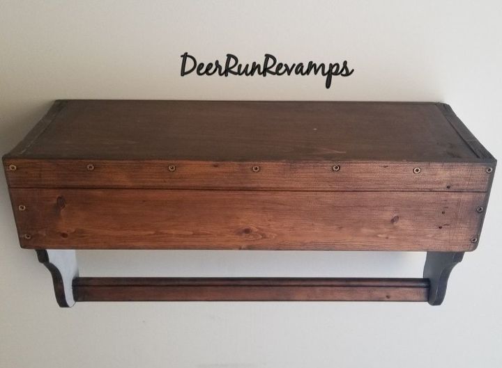 add trendy bathroom shelving using an old wooden toolbox