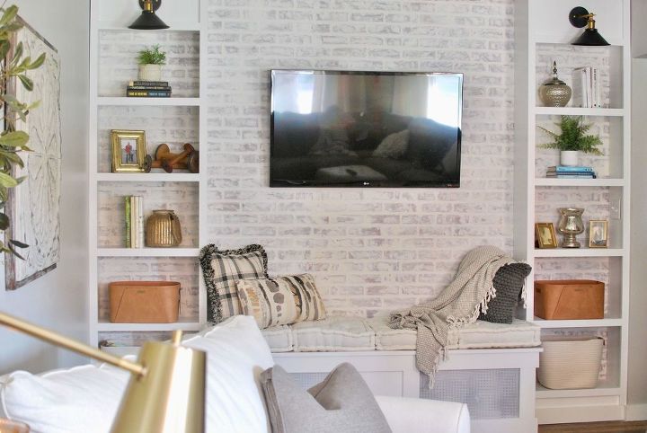 diy faux brick accent wall tutorial with whitewash