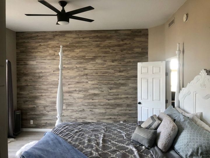 master bedroom peel and stick vinyl plank accent wall