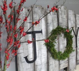birch tree joy sign with holiday juniper wreath