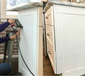 how to add farmhouse cabinet trim, Step 5 Attach the trim with a pin nailer