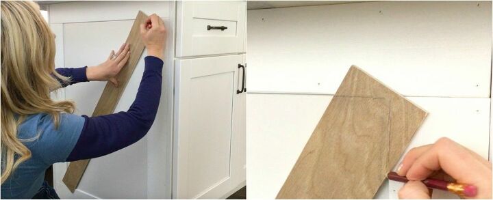 how to add farmhouse cabinet trim, Step 6 Measure cut a piece for cross piece
