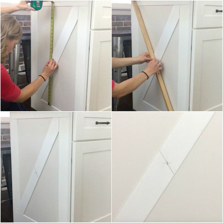 how to add farmhouse cabinet trim, Step 8 Mark the middle of first cross board