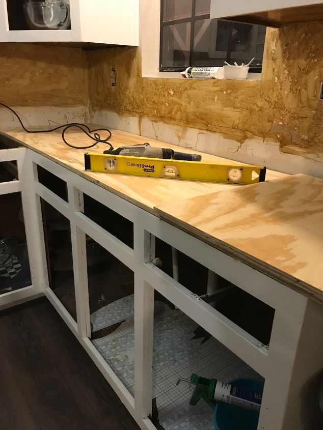 how to add farmhouse cabinet trim, Step 4 Fit and install plywood countertop