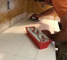 how to add farmhouse cabinet trim, Step 6 Grout tile