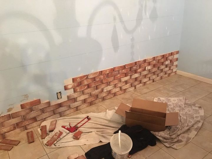 s update your dining room on a budget, Step 1 Attach brick to drywall