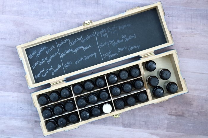 essential oil storage box upcycled from wine box