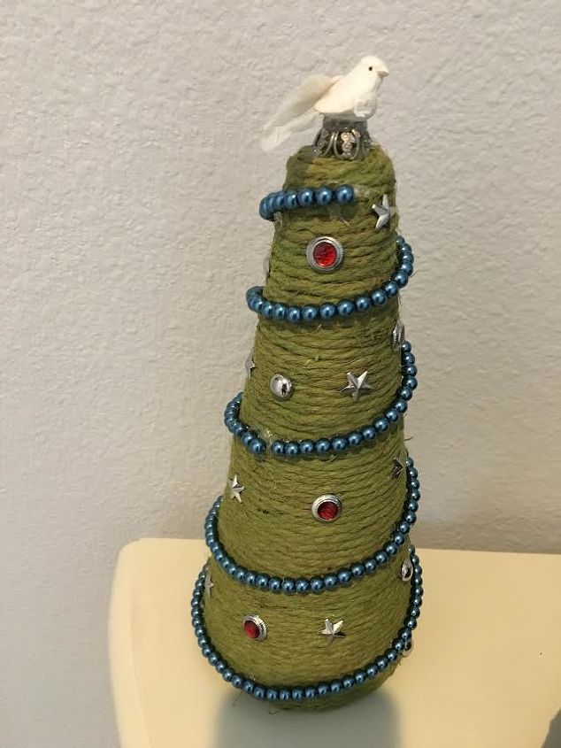 one failed craft project now a beautiful rope christmas tree, Finished up tree with dove topper
