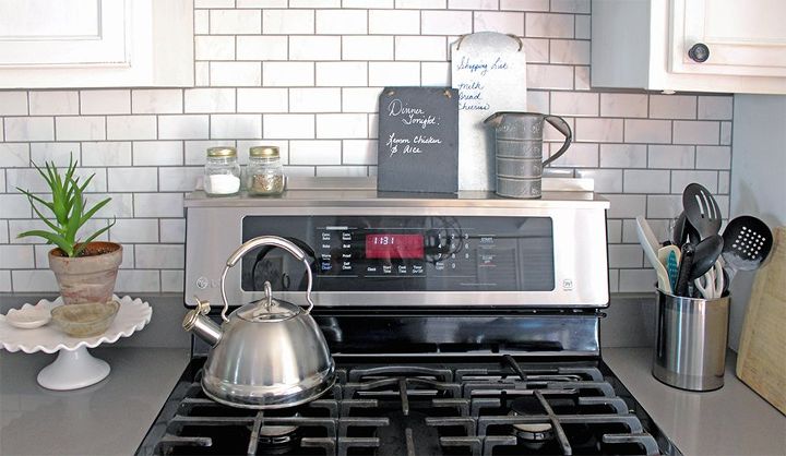 s 19 ways to organize your kitchen this new years, 1 Add a little shelf above your stove