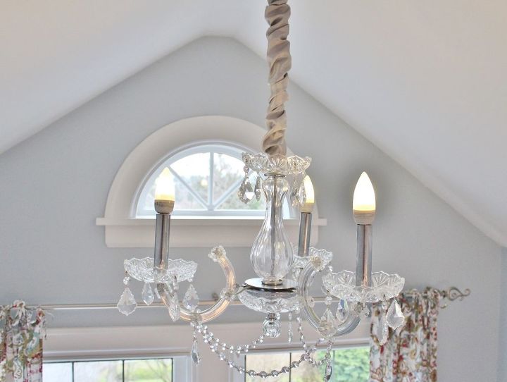 a budget chandelier upgrade, Chandelier after adding a fabric chain cover