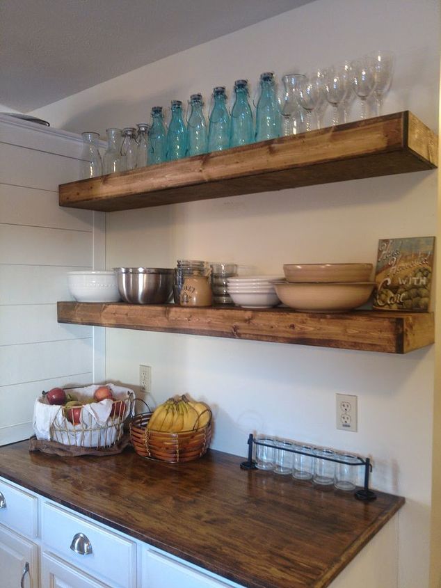 how to create more storage using diy floating shelves, Floating Kitchen Shelves OnBlissStreet