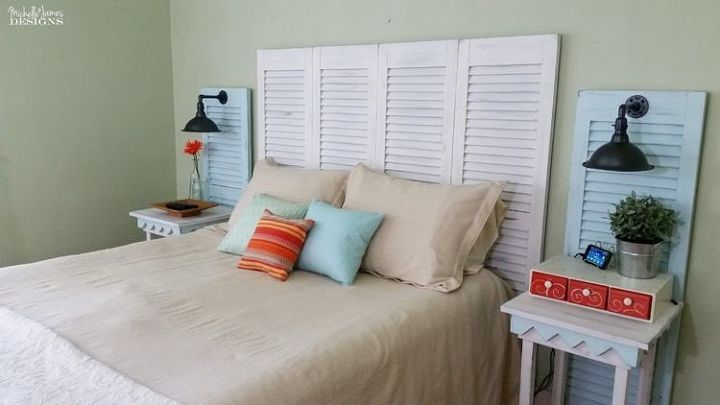 customize your room by building your own bed frame, Garage Sale Shutters Turned Headboard Michelle James