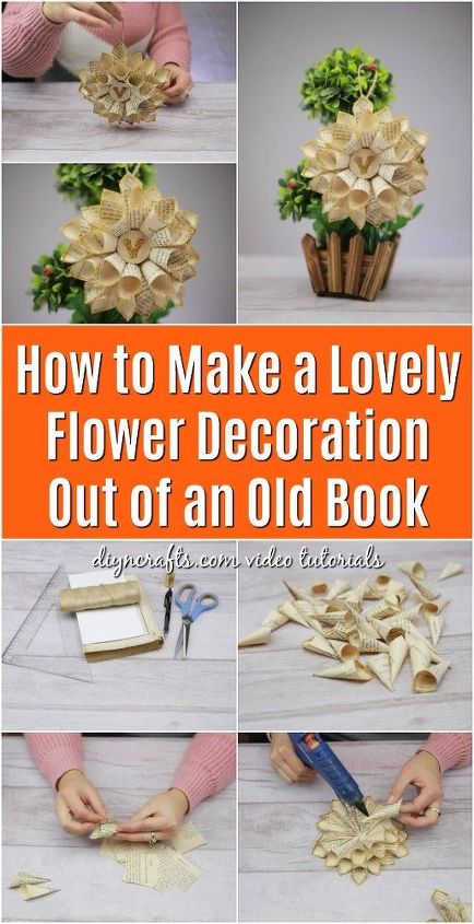 como hacer una decoracion floral rustica con un libro viejo