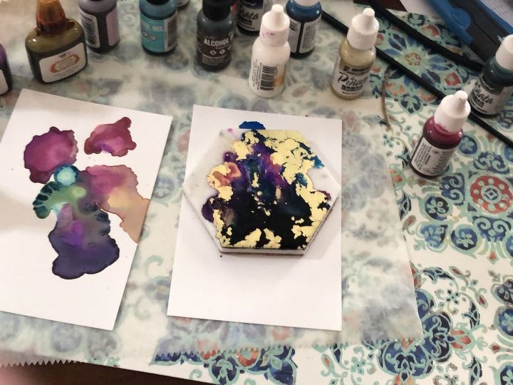 alcohol inks and marble hexagon coasters