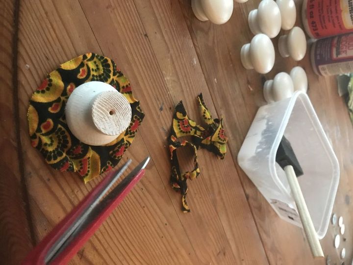 boho decoupage fabric drawer knobs, cut the fabric to fit around knob
