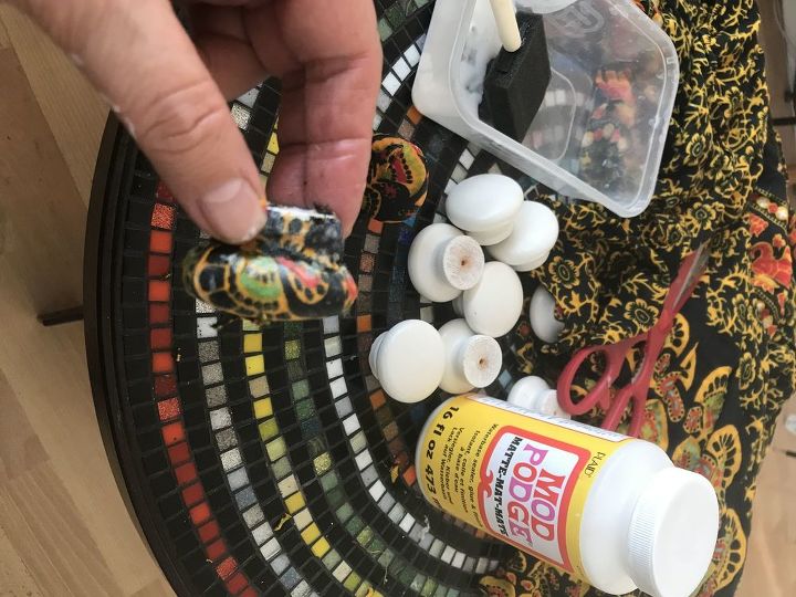boho decoupage fabric drawer knobs, stick fabric in place firmly