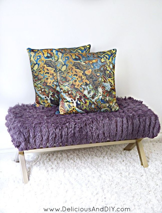 bench makeover using a throw blanket