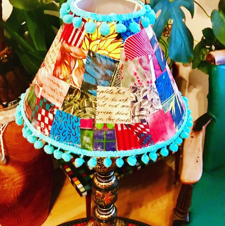 how to decoupage with fabric and create boho patchwork lampshade, Lovely Patchwork Lampshade