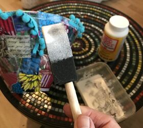 how to decoupage with fabric and create boho patchwork lampshade, Glue Bobble trim with Mod Podge