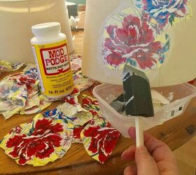 sweet floral decoupaged lampshade, Use Mod Podge Matte to stick floral fabric o