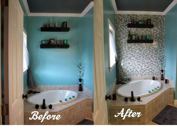 mudanas de casa de banho fceis e baratas, Parede de realce de azulejos de vidro no banheiro principal pintura de pegadas salpicadas