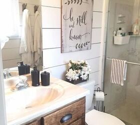 easy budget friendly diy bathroom makeovers, Faking It Painted Shiplap Edition Livin the Life of Riley