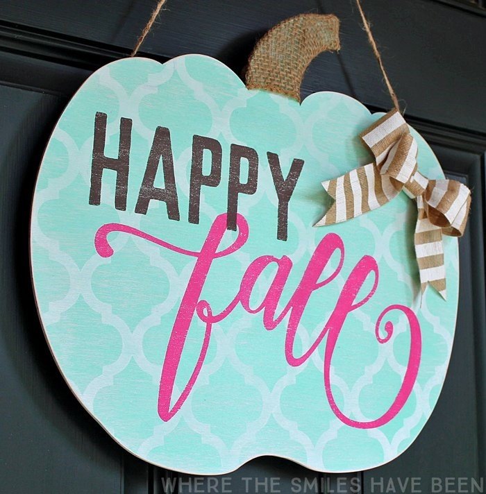 the best outdoor fall decor and fall decorating ideas for every home, Shabby Chic Happy Fall Pumpkin Door Hanger Where the Smiles Have Been