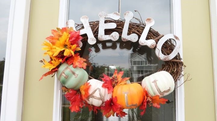 the best outdoor fall decor and fall decorating ideas for every home, Fall Wreath With Rusty Hello Alicia W