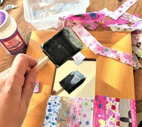 how to easily transform that old mirror frame with scraps of fabric, Apply Mod Podge Adhesive and seal