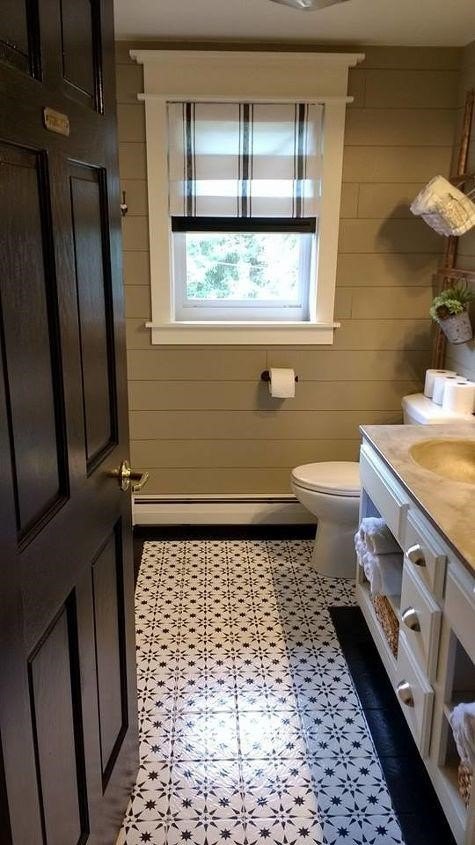 beautiful bathroom tile ideas that will make you want to renovate, Stenciled Bathroom Tiles Elizabeth Creating Rustic Charm