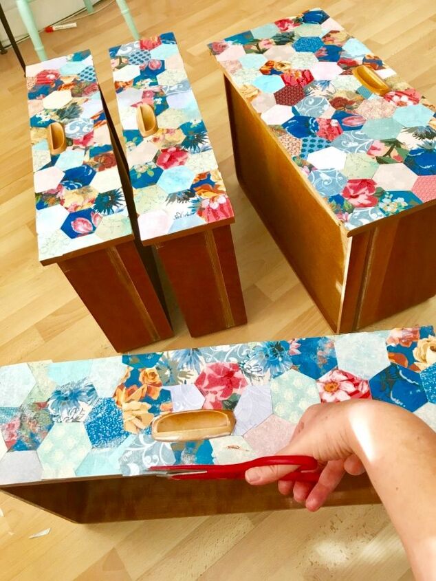 pretty patchwork chest of drawers make over, Cutting along edges to neaten