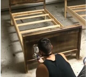 how to build a king bed with a stylish diy chevron headboard, Spray staining the bed