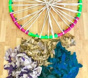 how to make a beautiful rag rug by making a loom from a hula hoop, Loom and fabric ready to weave