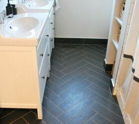 14 contemporary bathroom floor tile ideas and trends to consider, Chevron Striped Bathroom Floor Tiles Also Elongate Floor Space