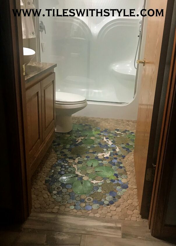 14 contemporary bathroom floor tile ideas and trends to consider, Consider a Large Centrepiece Mosaic Bathroom Floor Design