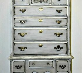16 furniture paint ideas to transform existing accessories, This Upcycled Highboy Dresser is Stunning with the Distressed Look
