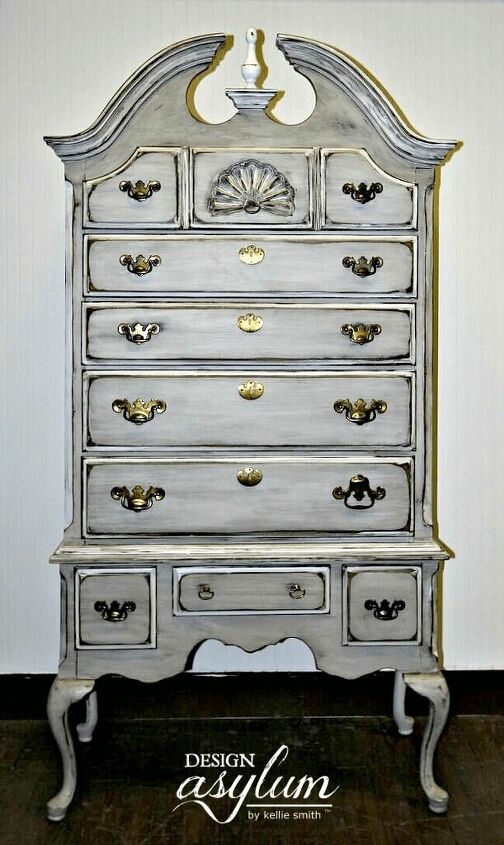 16 furniture paint ideas to transform existing accessories, This Upcycled Highboy Dresser is Stunning with the Distressed Look