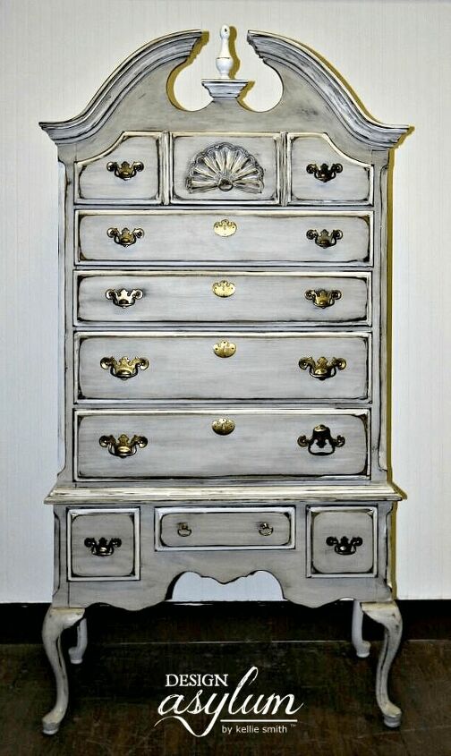 s 16 furniture paint ideas to transform existing accessories, This Upcycled Highboy Dresser is Stunning with the Distressed Look
