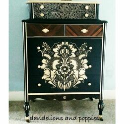 16 furniture paint ideas to transform existing accessories, Using Stencils and Furniture Spray Paint to Rescue This 1920 s Dresser