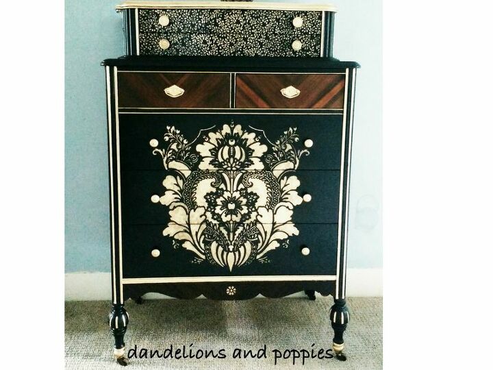 16 furniture paint ideas to transform existing accessories, Using Stencils and Furniture Spray Paint to Rescue This 1920 s Dresser