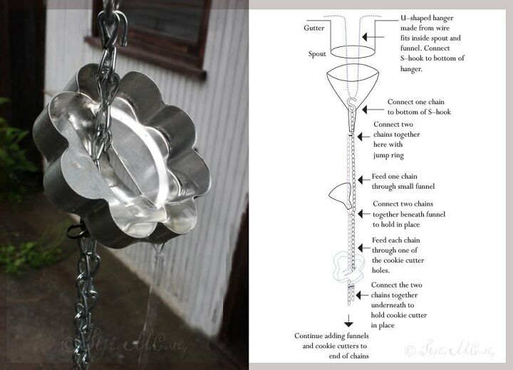 rain chain with funnels and vintage cookie cutters no drill needed
