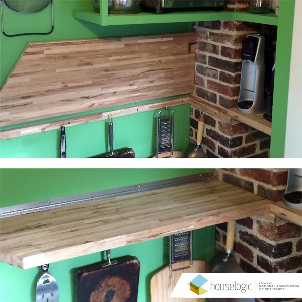15 diy wood projects you can start today, Add Kitchen Space With A Fold Down Wooden Countertop