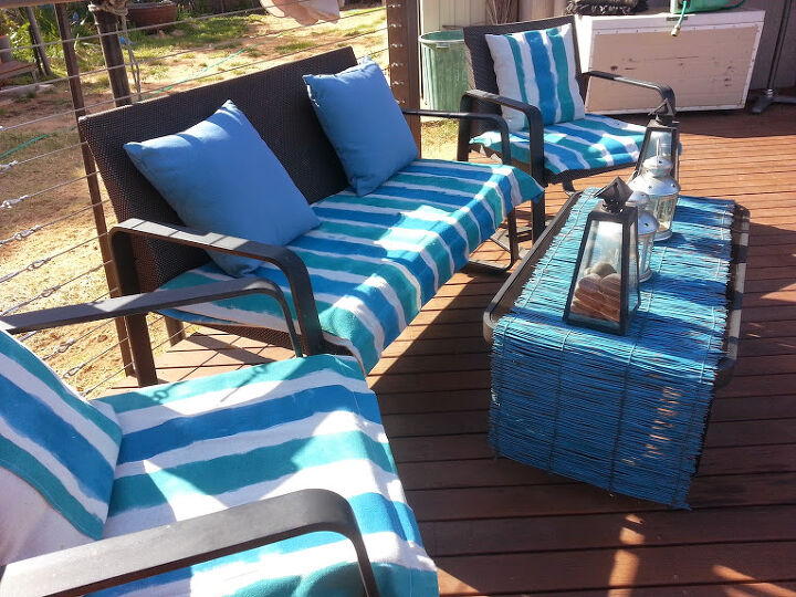 20 of the best diy patio furniture projects, Drop Sheet Outdoor Patio Furniture Makeover Adds Back Yard Beach Vibes