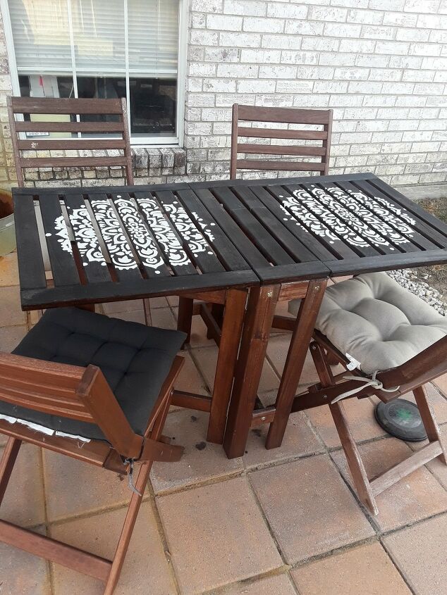 20 of the best diy patio furniture projects, DIY Patio Furniture Stencil Transforms This Weathered IKEA Table