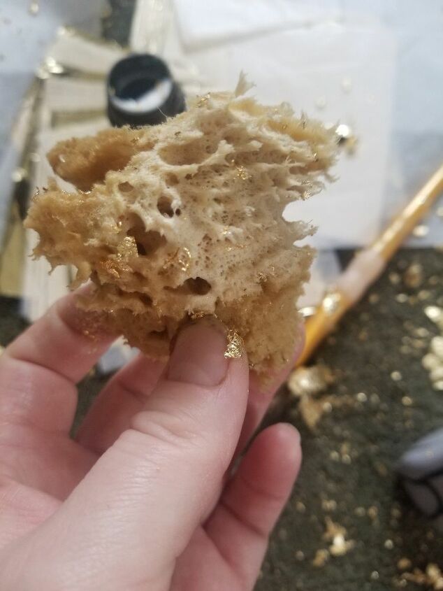 thrift store tab transformed with homemade chalky paint and gold leaf