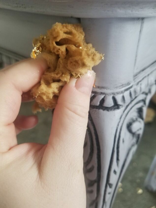 thrift store tab transformed with homemade chalky paint and gold leaf