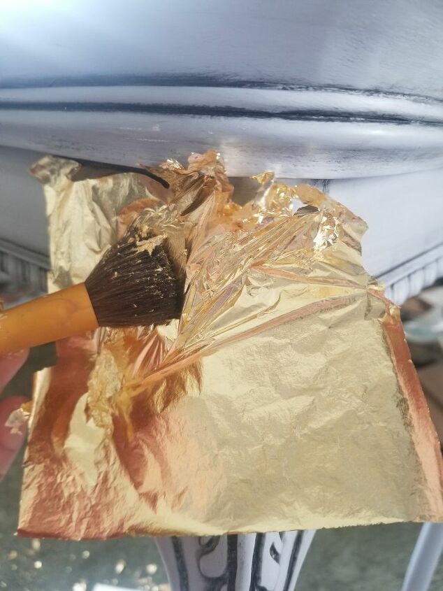 thrift store tab transformed with homemade chalky paint and gold leaf