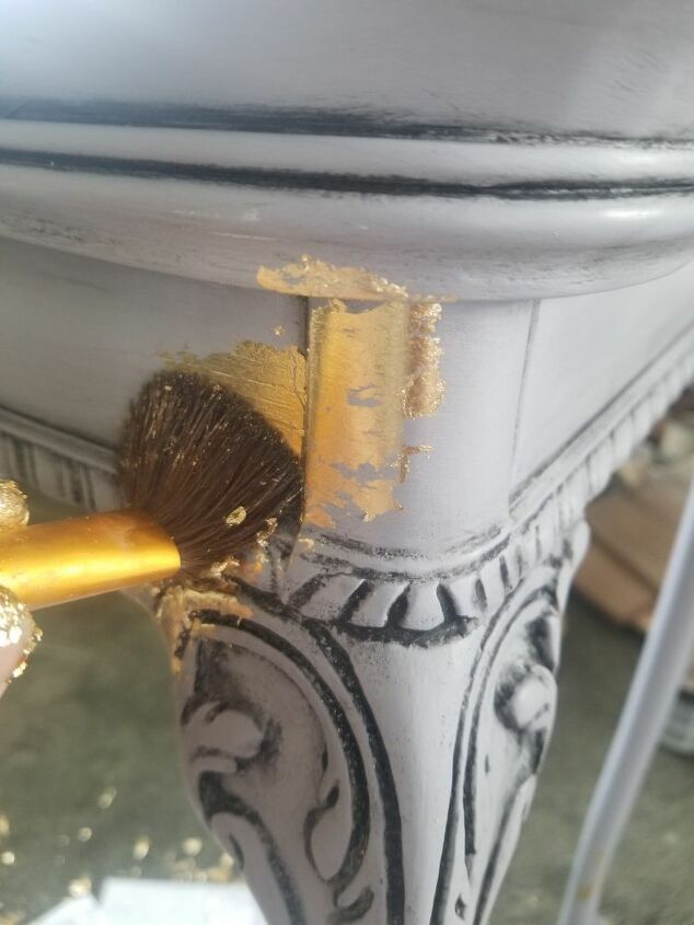 thrift store tab transformed with homemade chalky paint and gold leaf